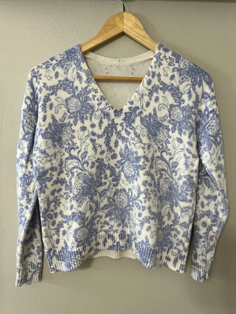 Blue Toile Floral Knit Sweater Cottagecore Romantic Grandmacore Soft Girl